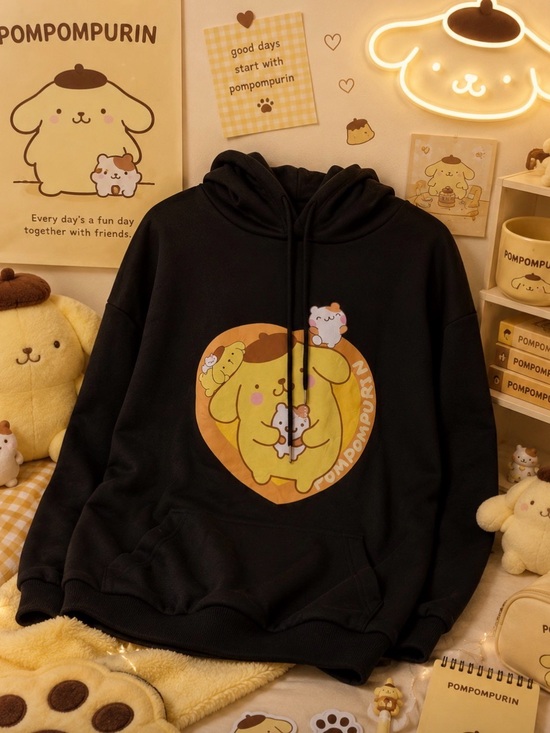 Sweaters - Black Hoodie Sweater with Print of Pompompurin